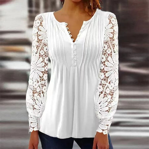 Lace Sleeve Pleated Solid Color Button T-Shirt Bottom Shirt m301333