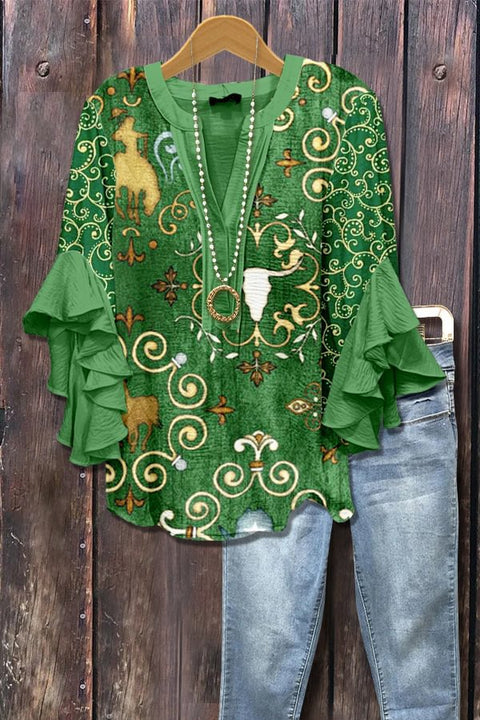 Creative floral element printing digital printing casual trend V-neck lotus edge T-shirt m301358