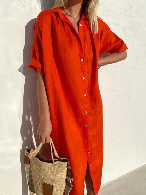 Elegant Casual Loose Short Sleeve Button Cotton and Linen Long Pocket Shirt Dress m301256