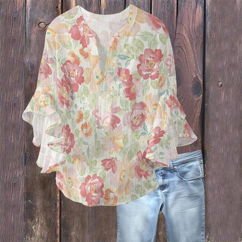 Creative floral element printing digital printing casual trend V-neck lotus edge T-shirt women's m301769