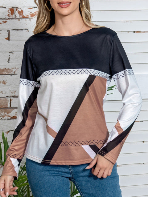 Spring and Autumn Elegant Geometric Contrast Top Long Sleeve T-Shirt m301645