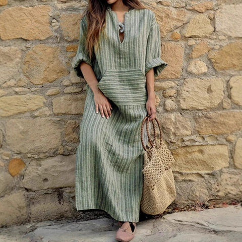 New cotton and linen dyed striped loose dress m302470