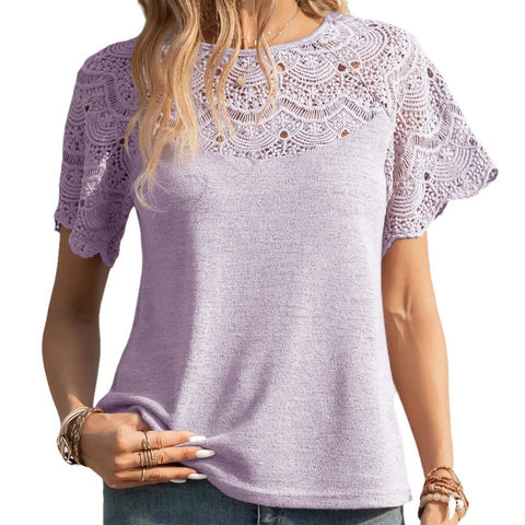 New European and American fashion crew neck lace splicing shoulder-plugged short-sleeved T-shirt top m302094