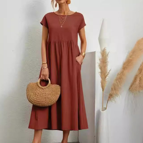 Sleeveless loose cotton and linen pocket dress m301061