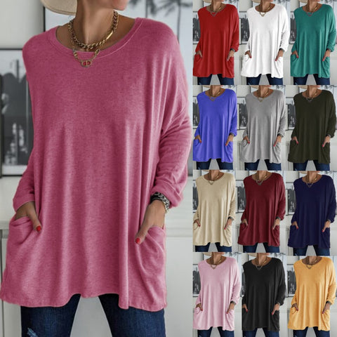 Crew neck long sleeve loose pocket solid color T-shirt casual women's clothing m301315