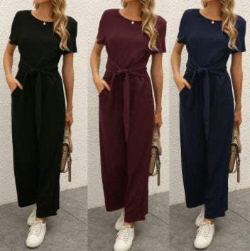 Strap waist solid color jumpsuit m301180