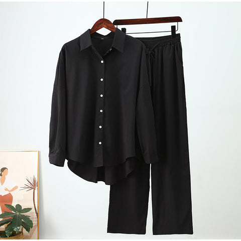 New loose elastic wrinkle long-sleeved shirt wide-leg pants casual suit women's 2-piece set m301960