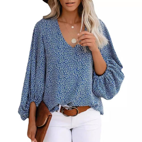 V-neck shirt printed lantern sleeve women's top m301626