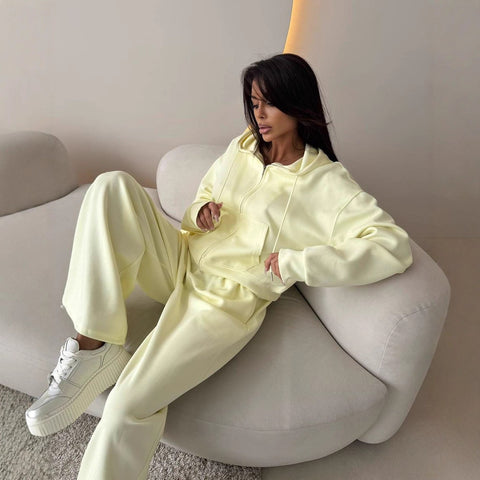 Long Sleeve Zipper Cardigan Hooded Sweater Lace-Up Pants Two-piece Cotton M301805