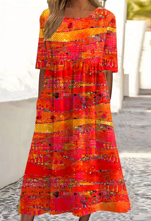 Up and down splicing pocket size printing big wide dress m301712