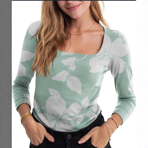 Hot-selling low-neck ribbed knitted women's 3D printing long-sleeved T-shirt m301564