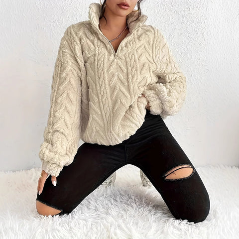 Double-sided plush latte casual zipper pullover top m302162