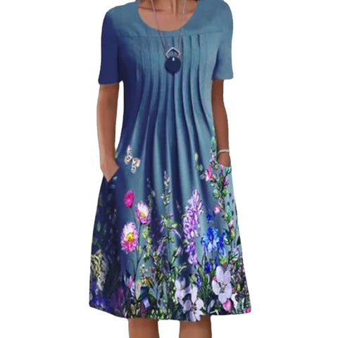 Spring/Summer Floral Print Crew Neck Pocket Medium Length Dress m300905