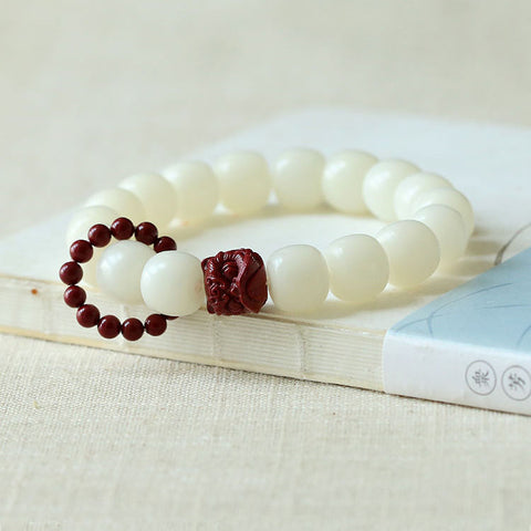 Natural White Jade Bodhi Root Bucket Bead Bracelet Cinnabar Awakening Lion Handheld Disc String Hand Play Bracelet Female Finger Soft Running Ring m3331301