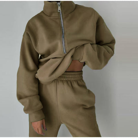 Casual sports home loose and comfortable zipper fleece knitted sweater sweatpants two-piece women's clothing m301654