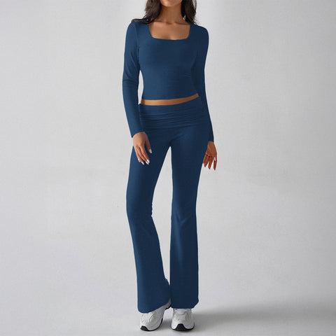Solid color casual knitted long-sleeved top yoga suit two-piece pants set m301815