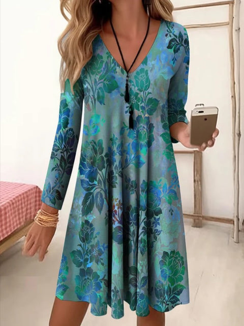 Autumn and winter V-neck high waist retro gradual change color printing nine-quarter sleeve loose dress m300742