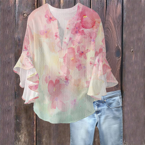 Creative floral element printing digital printing casual trend V-neck lotus edge T-shirt women's m301769