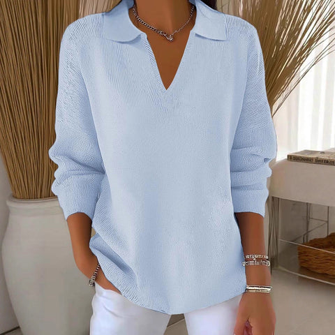 Digital printing women's lapel neck long-sleeved solid color knitted fleece sweater m302076