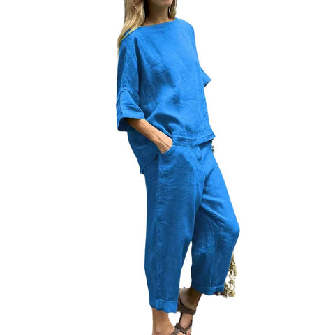 Women's 2-Piece Plus Size Cotton Linen Shirt Set High-Waisted Loose Pants M302296