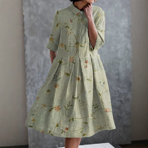 Elastisches Hanf kurzes Hemdblusenkleid, Blumenmuster, japanischer Urlaubsstil, Pendelrock m303187