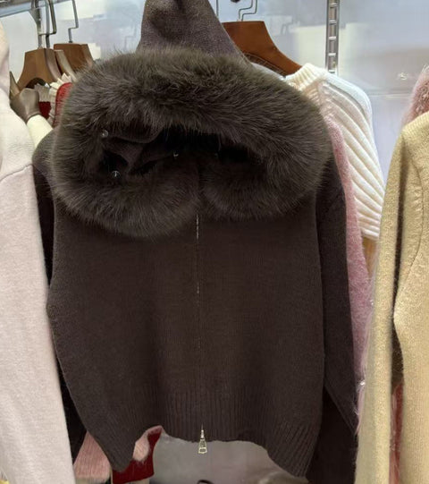 Hooded fur collar splicing knitted sweater jacket women's autumn and winter simple cardigan m302131