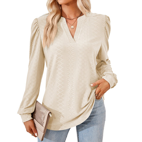 Solid color V-neck jacquard long-sleeved loose T-shirt top m300402