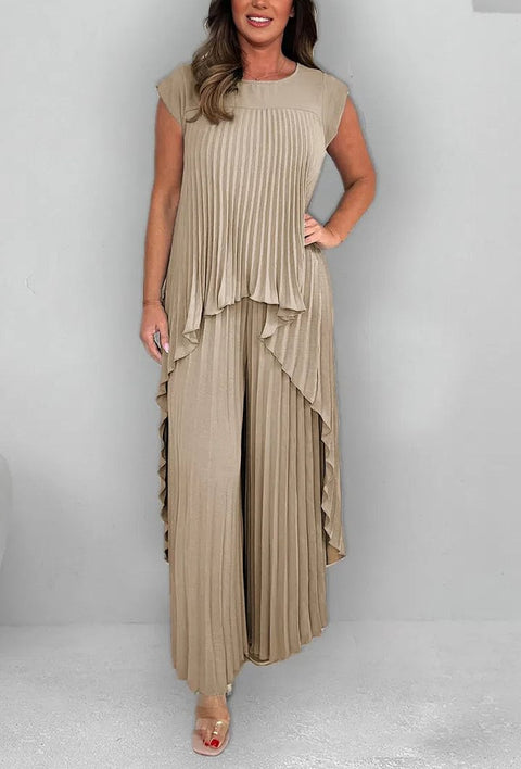 Crew neck solid color sleeve top pleated straight pants set two-piece set m301509