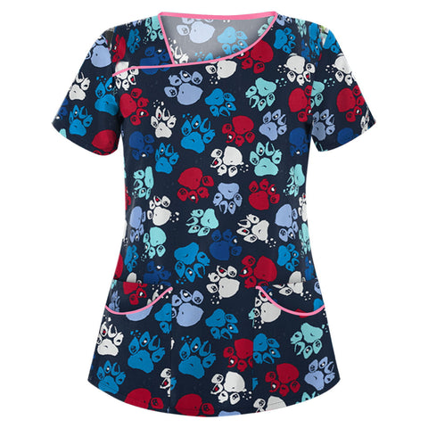 Printed V-neck short-sleeved pocket T-shirt women's top m301596