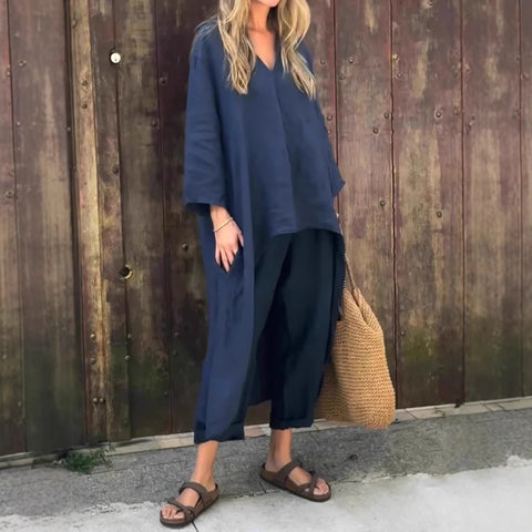 Women's summer pocket V-neck 2-piece set solid color loose women's clothing m301501