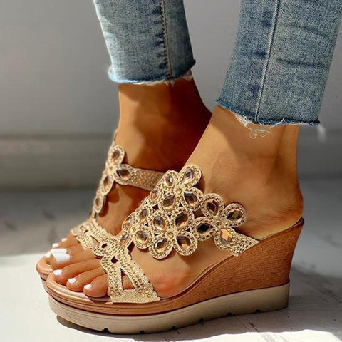 Bohemian strass talon chaussons femme été plate-forme grande taille bout rond une ligne talon compensé bouche de poisson pantoufles m302362