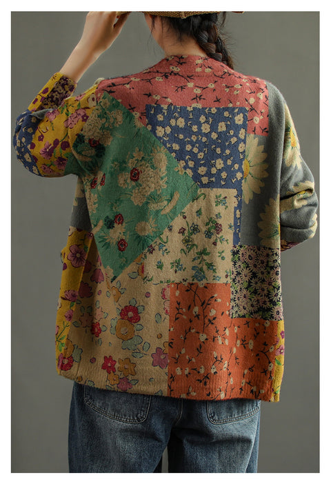 Ethnic style printed imitation mink velvet knitted cardigan women's autumn new retro loose sweater jacket m301711