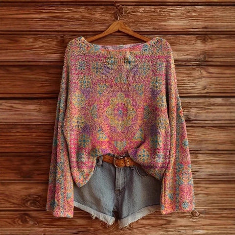 Vacation print casual cape top crew neck knitted sweater m302130