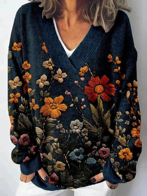 Autumn and winter imitation sweater printing foreign trade new women's pullover V-neck casual fashion long-sleeved top m302113