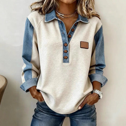 Color matching denim neck knitted sweater women's loose long sleeve m302214