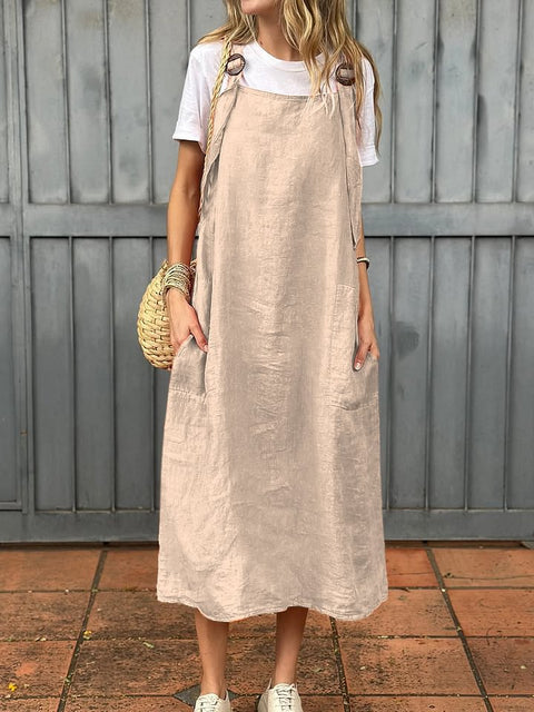 Women's fashion adjustable shoulder strap casual cotton and linen dress m302048