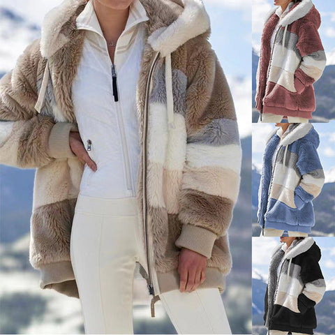 Warm plush patchwork zipper pocket hooded loose coat women m300611