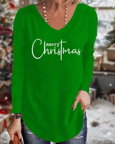 Loose 3D V-neck long-sleeved T-shirt women's Christmas printed bottoming shirt m302098