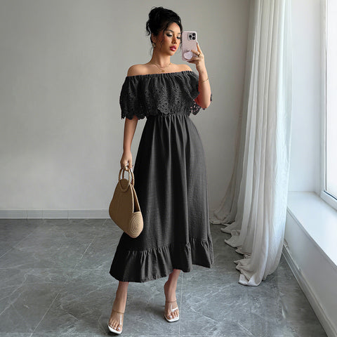 Elegant wind off-the-shoulder A-shaped long dress dress m301401