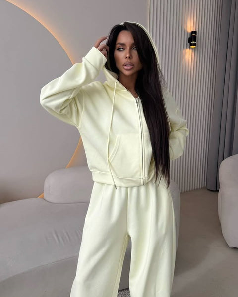 Long Sleeve Zipper Cardigan Hooded Sweater Lace-Up Pants Two-piece Cotton M301805