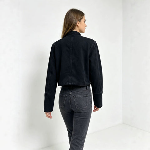 Stand-up collar black washed denim short jacket metal buckle shoulder badge slim fit fashion short women's jacket m303317