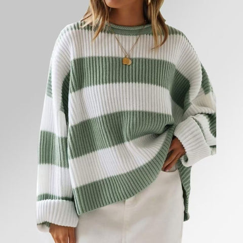 Crew neck long sleeve striped knitted sweater flared sleeve loose sweater women m301591