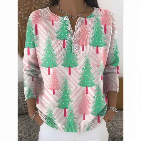 Vintage 3D digital printing four-button stand-up collar Polo sweater women m302158