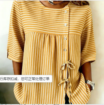Temperament women's long-sleeved shirt printed top lace-up shirt m302925