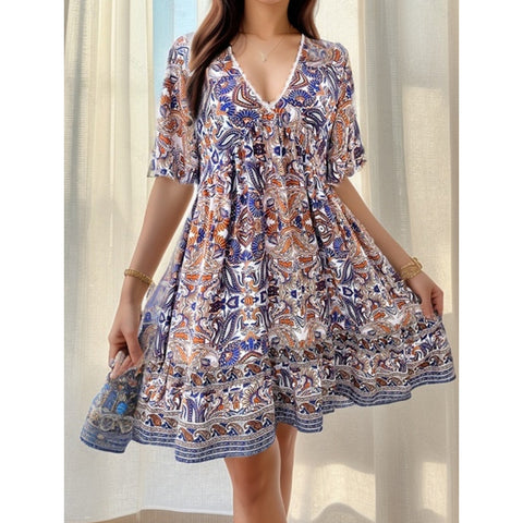 Spring and Summer Vacation Casual Printed V-neck Dress M300211