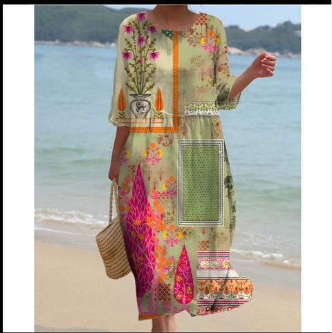 Women's Crew Neck Long Printed Casual Fashion Women's Dress m301059