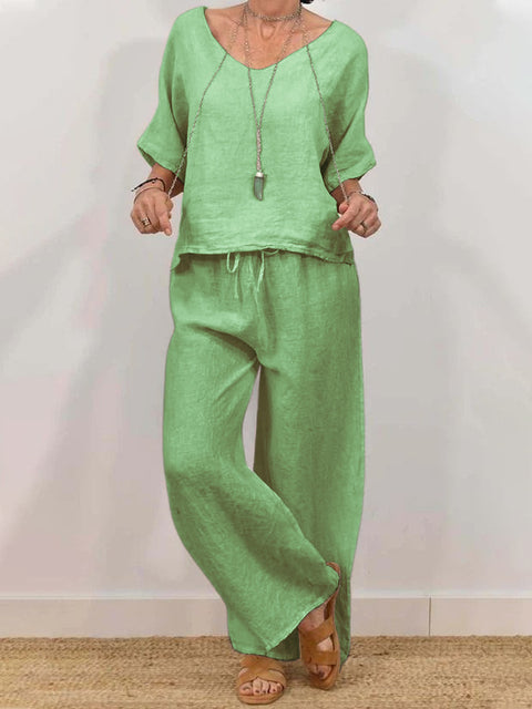 Casual V-neck pullover five-quarter sleeves plus trousers multi-colored women's two-piece set m301430