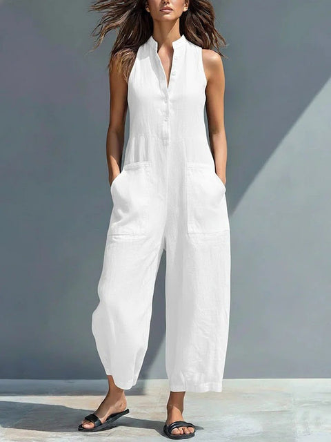 Sleeveless stand-up collar pocket jumpsuit m302843