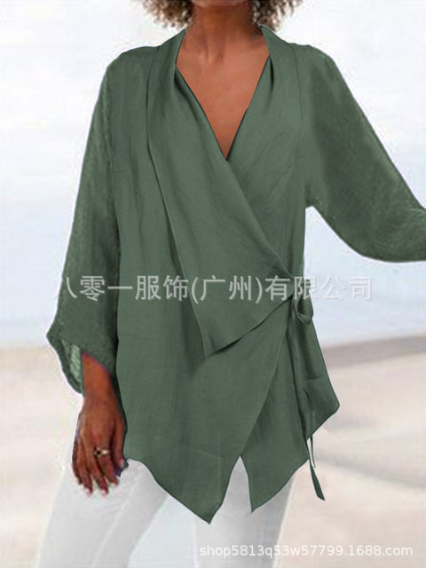 Solid color lace-up irregular hem cotton and linen women's casual top m302058