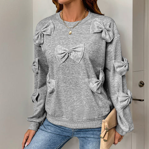 Bow stitching grey crew neck sweater m300824